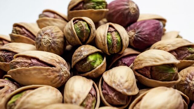 A large pile of roasted and salted pistachios, some with shells open revealing the green nut inside, isolated on a white background