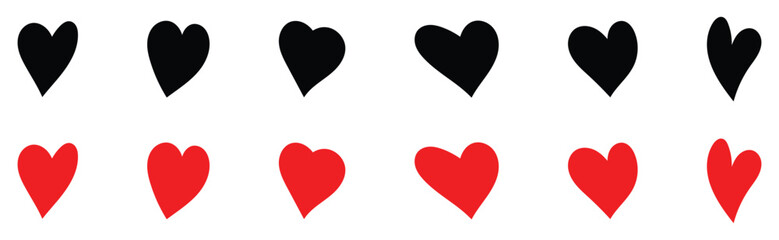 Isolated Red and Black love heart icon set on white background. Modern hand-drawn valentines love icon set.  Abstract graphical doodle love icon drawing. Hand made graphical heart icons. EPS 10. 