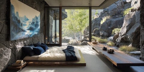 Modern Zen-Inspired Bedroom with Mountain View.