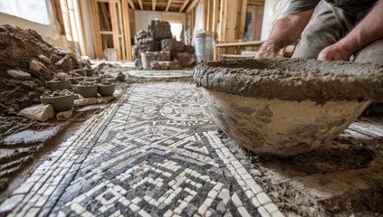 Construction worker installing intricate mosaic floor tile pattern.