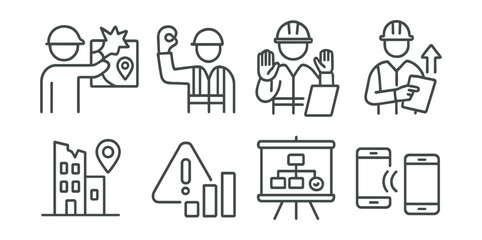 Series of construction worker icons, including a man holding a map