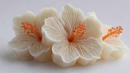 Close up of three delicate white hibiscus flowers, handmade and beautiful.