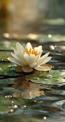 Delicate White Water Lily in a Serene Pond Setting.