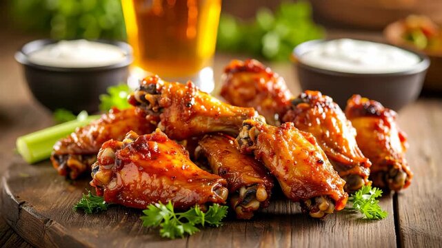 Fried chicken wings with hot sauce and celery on wood platter served with a glass of beer and a bowl of dip.