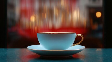 Fototapeta premium Close-up of a white cup and saucer on a blue table. the cup has a gold rim and handle, and the saucer is also white.
