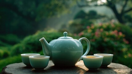 Fototapeta premium Teapot and four cups of tea on a stone table in a garden. the tea pot is light green in color and has a spout and handle on top.