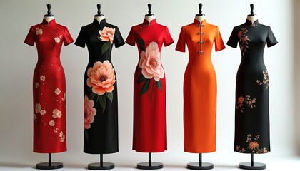 Five elegant cheongsams displayed on mannequins showcase floral embroidery, metallic accents. Traditional Chinese dresses feature modern silhouettes with vibrant colors, classic patterns for festive