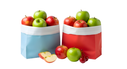 Fresh red and green apples packed in blue and red paper bags on white background, perfect for healthy eating and grocery shopping
