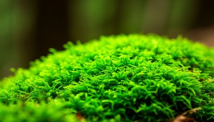Lush green moss growing compactly, forming a dense, vibrant carpet on a forest floor surface, symbolizing nature's resilience and ecological health in a macro view