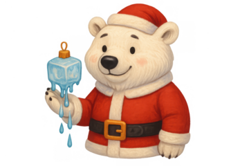 Polar bear santa holding melting ice cube christmas decoration showing climate change concept on transparent background