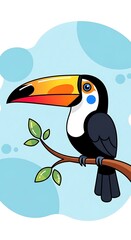 Naklejka premium Cartoon Toucan Perched on Branch - Vibrant Bird Illustration with Tropical Flair.
