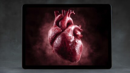 Tablet displays a 3D animation of a human heart with a dramatic smoky red background