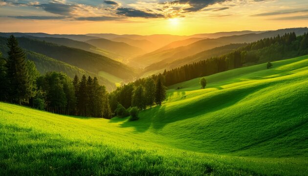Green rolling hills and a vast valley illuminated by the warm golden light of a sunrise, showcasing a serene natural landscape with lush meadows and distant mountains