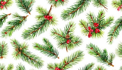 Christmas and winter holiday spirit creating a seamless pattern, featuring watercolor illustrations of fir branches, pine needles, red berries, and small cones on a white background