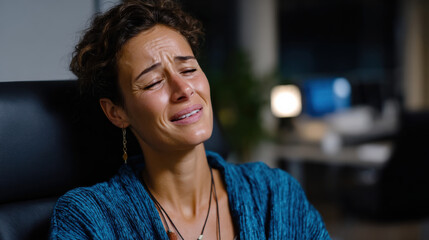 A thoughtful woman in a cozy setting conveys deep emotional reflection, showcasing vulnerability while engaged in introspection amidst a peaceful indoor environment.