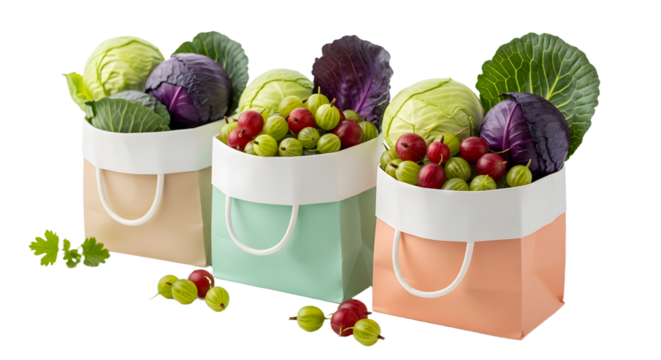 Fresh green and purple cabbage with gooseberries in pastel shopping bags, healthy organic vegetables, perfect for grocery and farmer market themes - Powered by Adobe