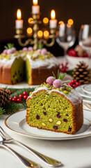 A vibrant pistachio Christmas cake slice, adorned with sugared cranberries and rosemary, set on a festive holiday table with glowing candlelight.