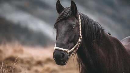Elegance of a Black Horse: A majestic black horse with a gentle gaze and flowing mane stands in a serene, natural setting, exuding an aura of calm and power. 