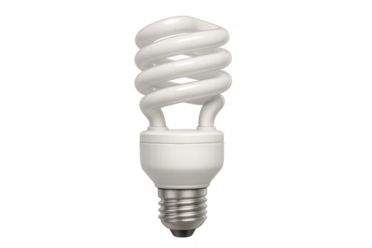 Energy saving compact fluorescent light bulb displaying spiral tube and screw base, transparent background