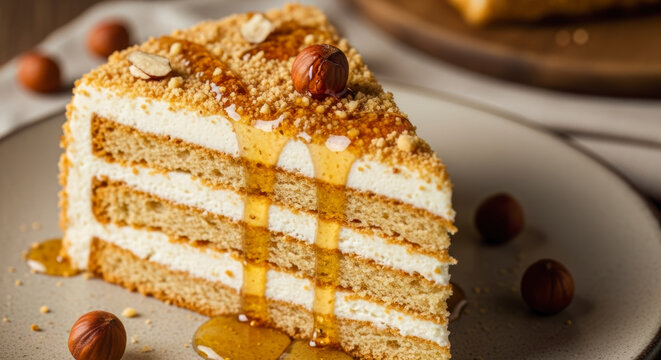 A Slice of Marlenka Honey Nut Cake Drizzled with Golden Syrup, Garnished with Hazelnuts and Almond Slivers