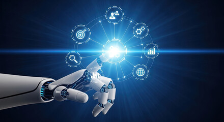 AI-Powered Business Solutions: Robot Hand Interacting with Digital Interface for Automation, Analytics, and Global Connectivity on Blue Background