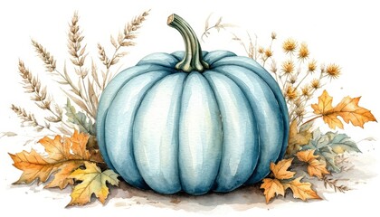 Blue pumpkin sits among fall leaves and dried plants, creating a serene watercolor illustration that captures the essence of autumn's harvest season and decorative elements