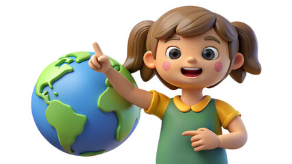Cartoon girl pointing at globe with green dress and yellow shirt on a black background illustration