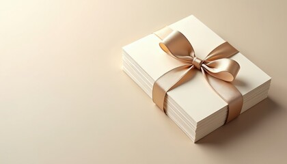 Stack of blank cream cards neatly tied with satin gold ribbon. Ideal for invitations, announcements, thank notes, event stationery. Clean, elegant composition offers versatile use for wedding,