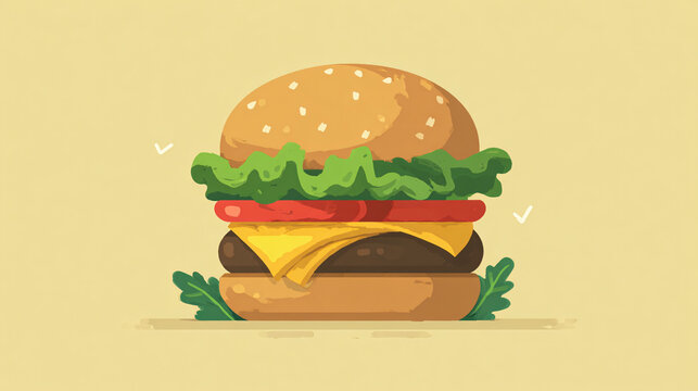 vector illustration of a burger with lettuce, cheese, tomato, and sesame bun