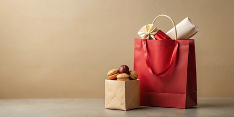Red shopping bag with gifts and sweet treats on a neutral background