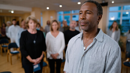 Fototapeta premium A man in a gray sweater stands confidently among the group, symbolizing leadership and self-assuredness in a supportive environment filled with attentive individuals.
