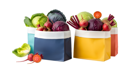 Reusable grocery bags filled with fresh organic vegetables including lettuce, cabbage, beets and radishes, eco-friendly shopping concept