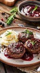 Savory wild venison patties with creamy mashed potatoes and lingonberry sauce
