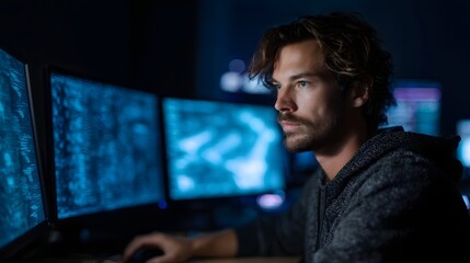 A focused man works late into the night analyzing complex data on multiple computer screens in a dimly lit office