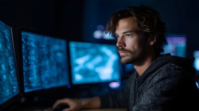 A focused man works late into the night analyzing complex data on multiple computer screens in a dimly lit office