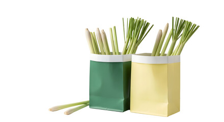 Two paper bags filled with fresh lemongrass stalks isolated on white background, perfect for natural ingredient visuals