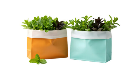 Two modern succulent plants in stylish orange and light blue paper pots on white background, perfect for home or office decor