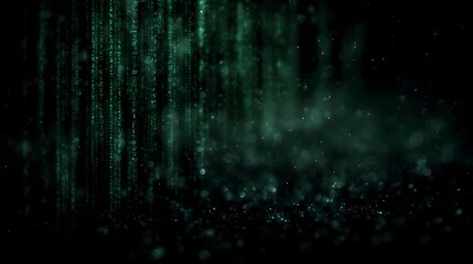 Abstract digital rain effect with cascading green binary code and luminous bokeh particles on a dark background