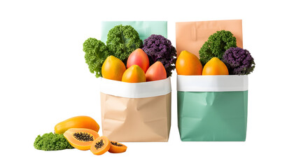 Two paper bags filled with fresh vegetables and fruits including papayas, kale, tomatoes, and squash on white background, perfect for healthy eating content