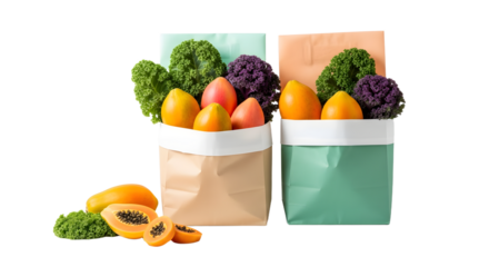 Two paper bags filled with fresh vegetables and fruits including papayas, kale, tomatoes, and squash on white background, perfect for healthy eating content