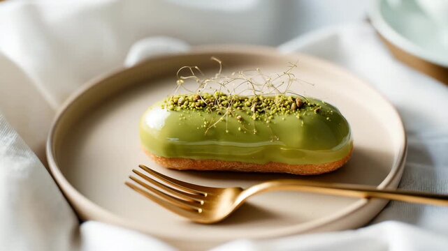 A green matcha &eacute;clair on a beige plate with a gold fork. The dessert is topped with crushed pistachios and delicate sugar strands.