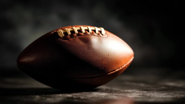 A close-up of a brown leather football resting on a dark surface. The ball has visible stitching and a glossy finish, highlighting its texture and craftsmanship.