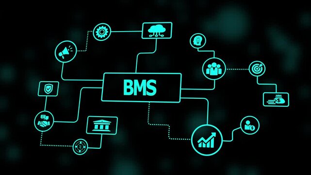 A building management system concept shown through illuminated network icons representing control, monitoring, and automation across facility operations.