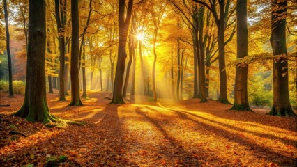 Obraz premium Golden Sunlight Illuminates Autumnal Woodland Path, Casting Long Shadows Through Canopy of Trees