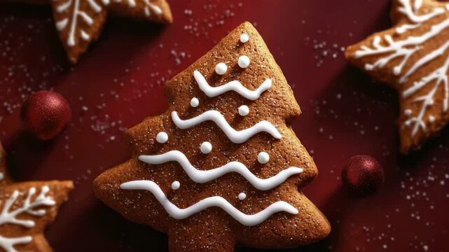 A close-up view of a gingerbread cookie shaped like a tree decorated with white icing and sugar sprinkles on a deep red surface