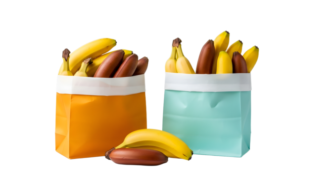 Fresh bananas and red bananas in colorful reusable bags isolated on white, perfect for grocery shopping and healthy eating