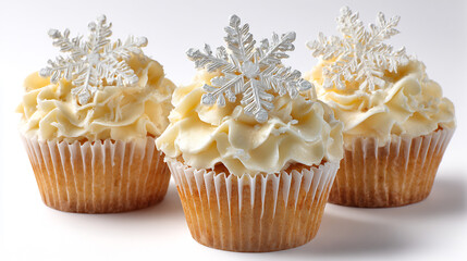 Delicate frosted cupcakes adorned with sparkling snowflake decorations, perfect for a festive winter celebration.