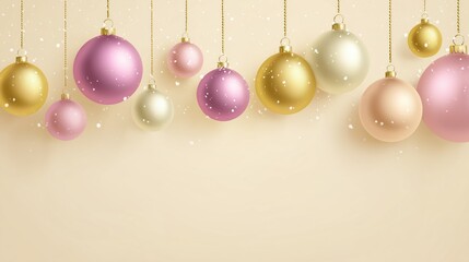 Colorful Christmas Ornaments on a Light Beige Background with Snowflakes