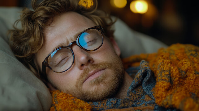 Tranquil close-up of man with ginger beard and curly hair, deeply sleeping with glasses on, wrapped in cozy knit blanket amidst warm ambient lighting