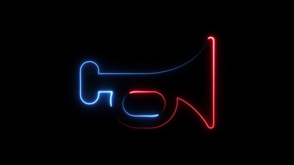 Neon bugle horn outline glowing red and blue on black background abstract musical instrument signal announcement